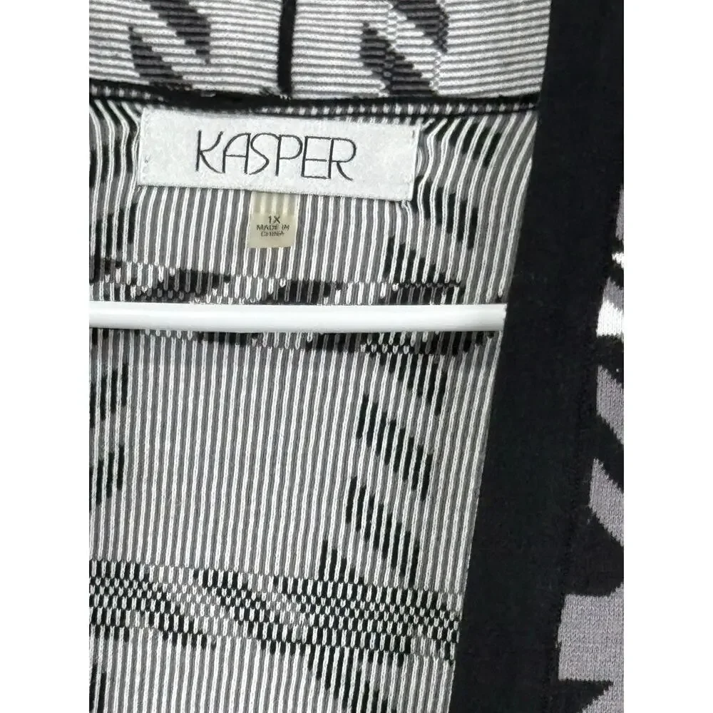 Kasper 1X Open Front Long Cardigan | Black Gray White Plaid Knit - Picture 2 of 3